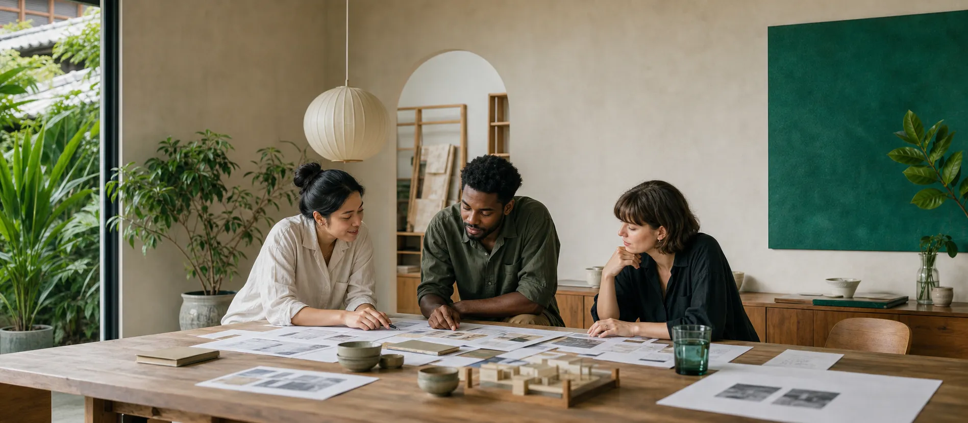 A small Bangkok team discussing printed page ideas around a studio table