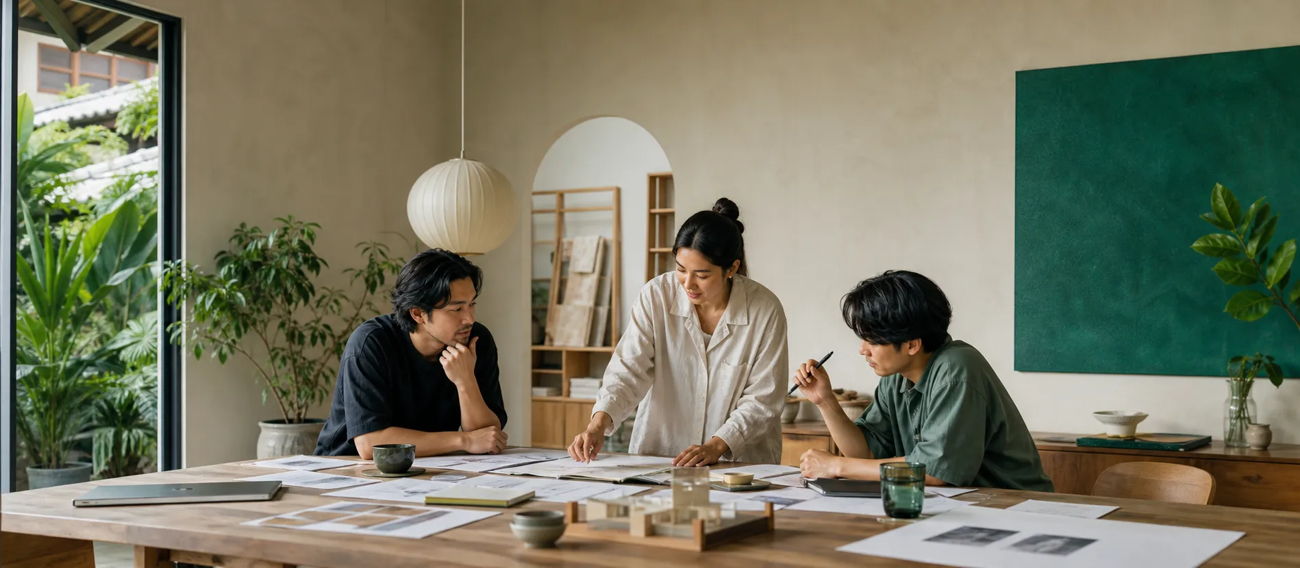 A small Bangkok team discussing printed page ideas around a studio table