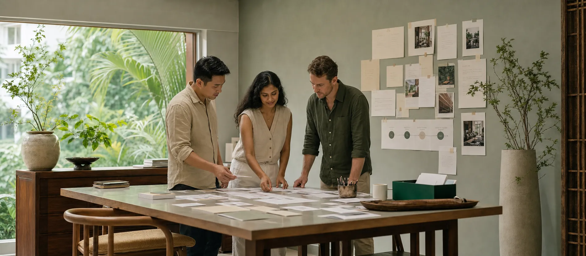 A Bangkok team working through a business process with printed materials