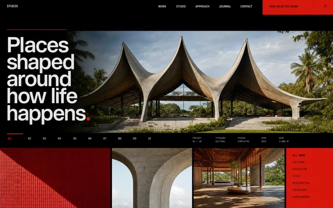 Fictional architecture studio homepage concept with a dramatic tropical building and project index