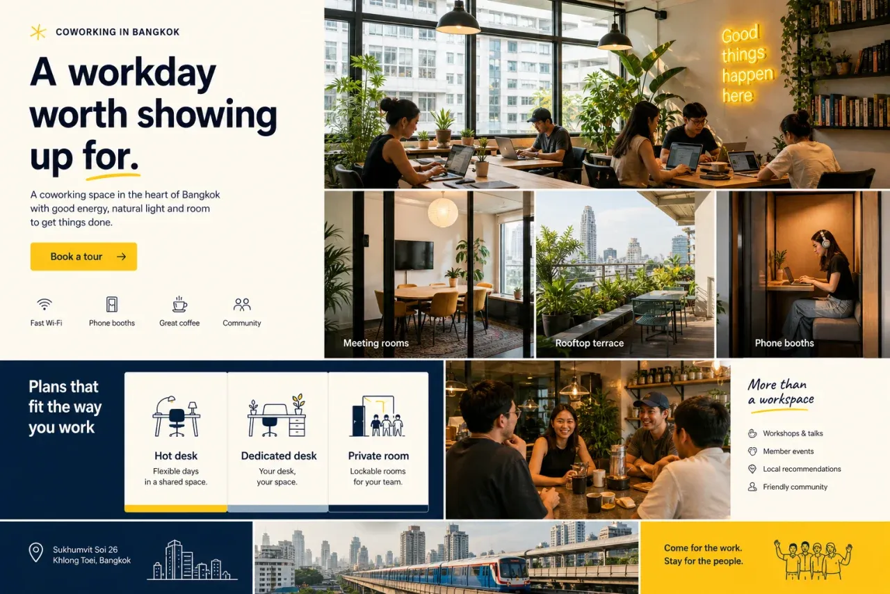 Fictional coworking homepage concept with people working, meeting spaces, plans and tour booking