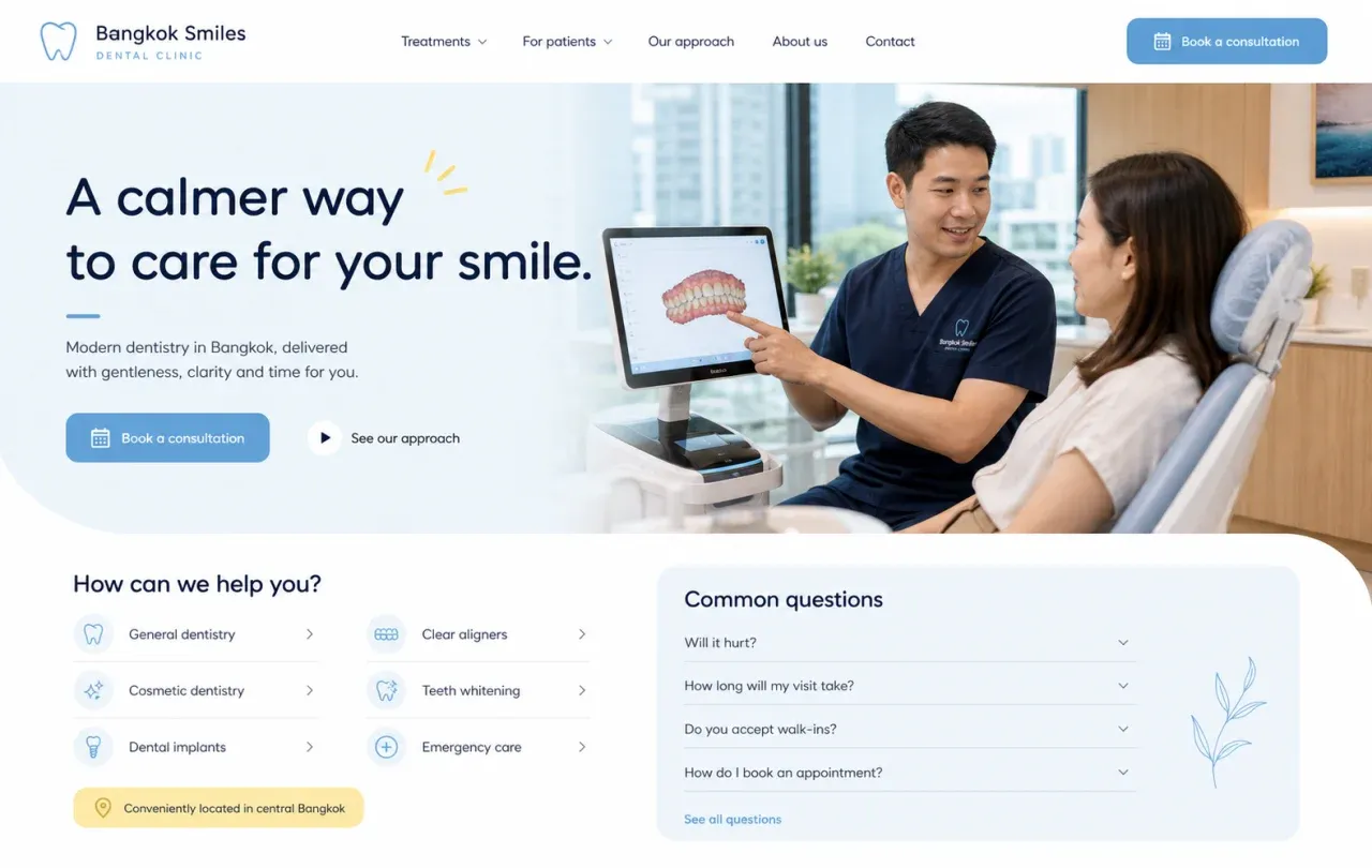 Fictional dental clinic homepage concept showing a dentist explaining a scan and consultation booking