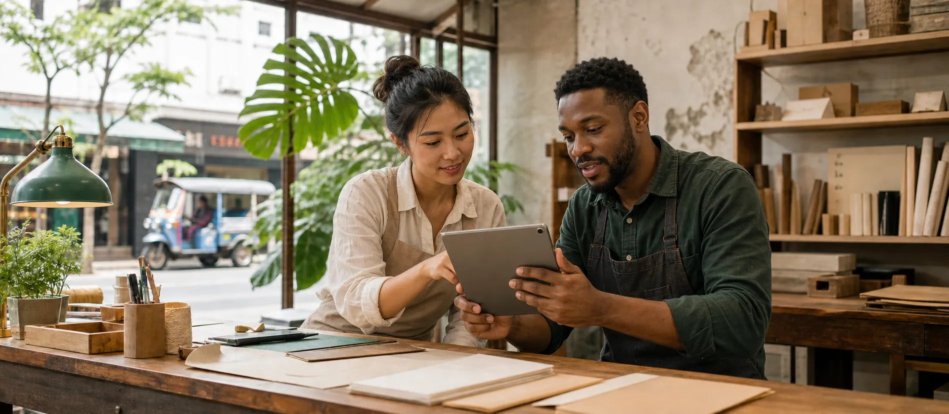 A workshop owner and product specialist reviewing an idea on a tablet