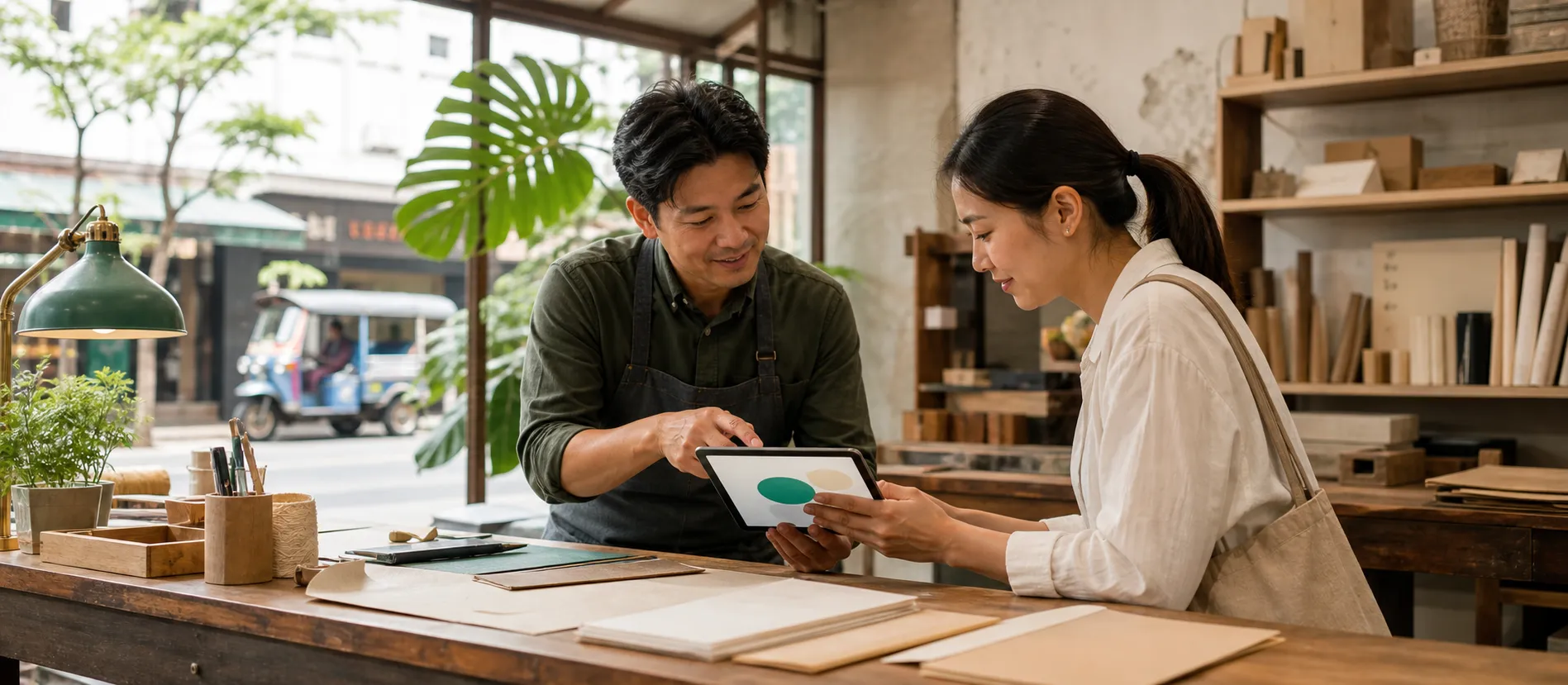 A workshop owner showing a customer a useful digital service on a tablet