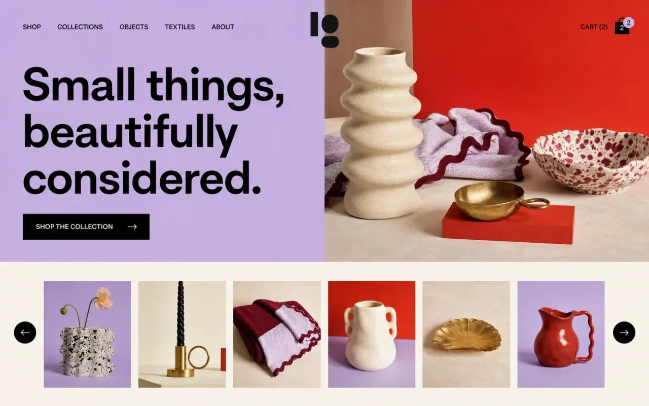 Fictional ecommerce homepage concept with colourful product photography and a horizontal shop catalogue