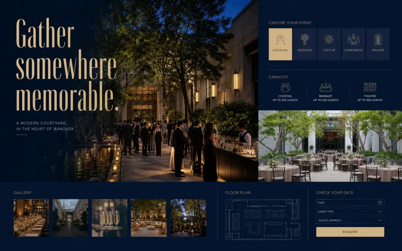 Fictional event venue homepage concept with an evening courtyard event, capacity details and date enquiry