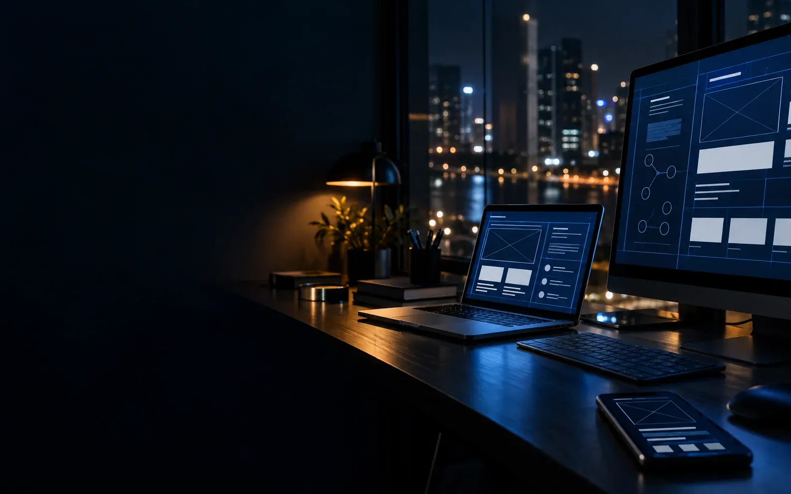 A Bangkok digital studio at night with a desktop monitor, laptop and phone showing unbranded website and workflow layouts