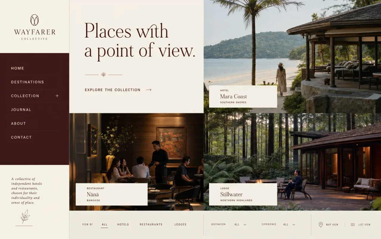 Fictional hospitality group homepage concept showing a beach hotel, restaurant and forest lodge