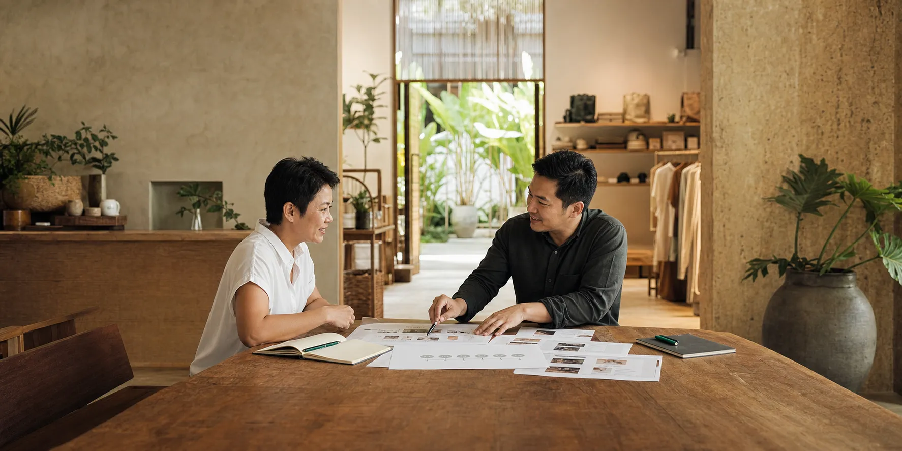 A Bangkok business owner and adviser talking through printed website ideas at a shop counter