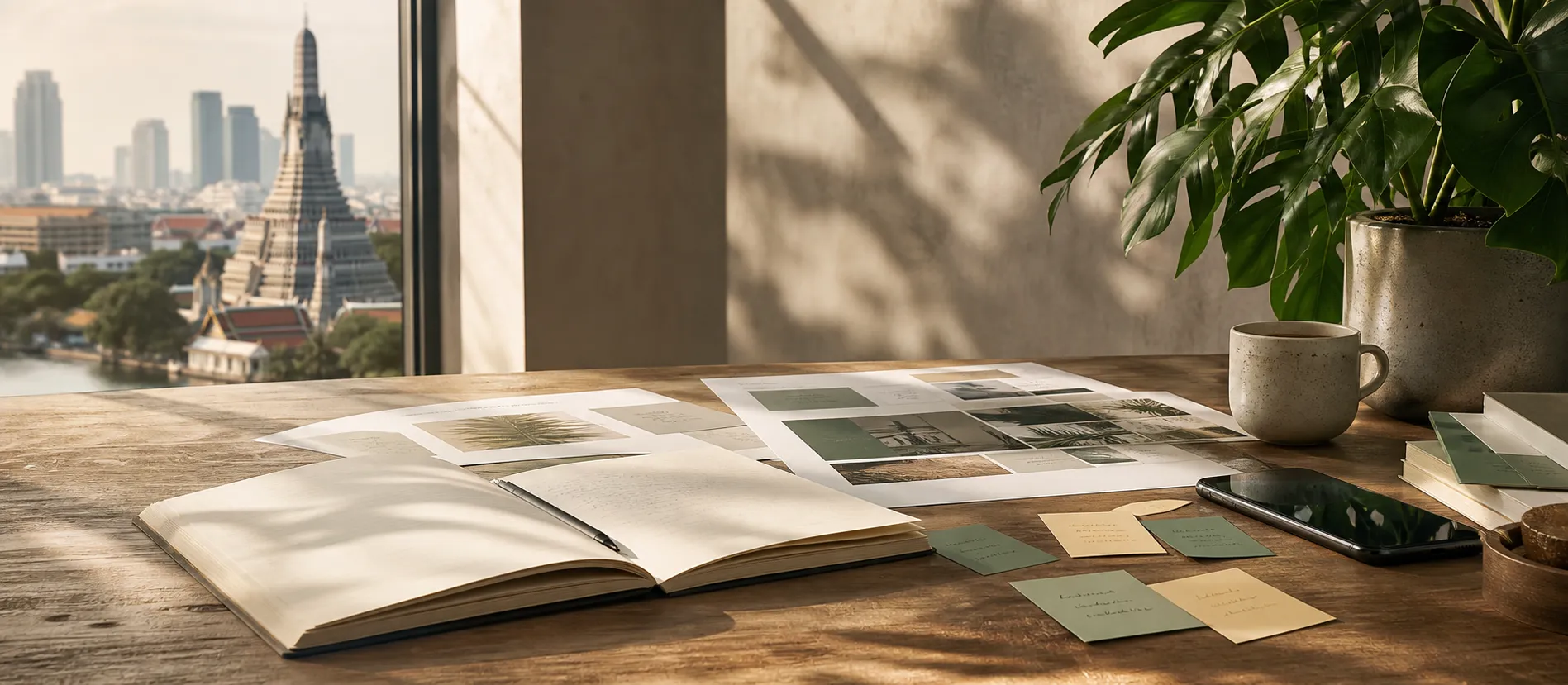 A sunlit Bangkok worktable with notes and printed page ideas