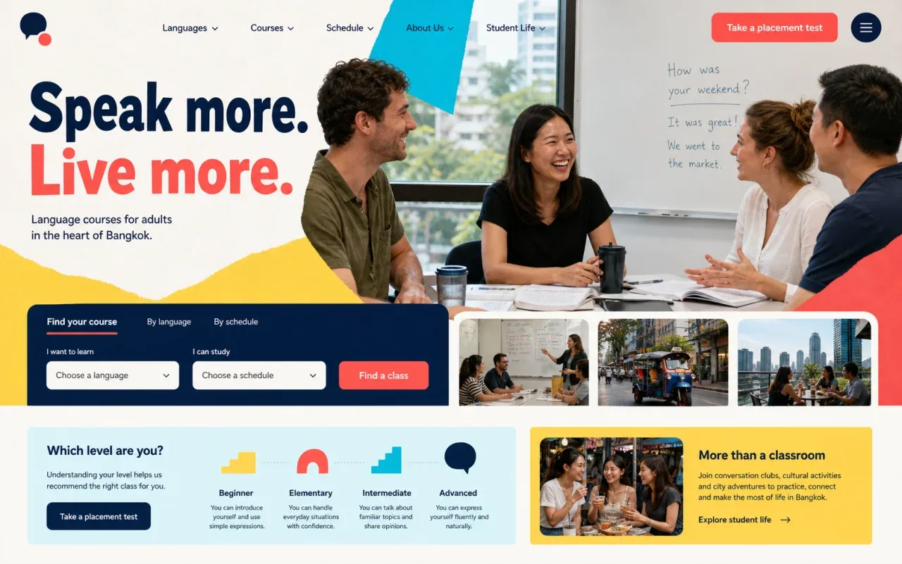 Fictional adult language school homepage concept showing students learning together and a course finder