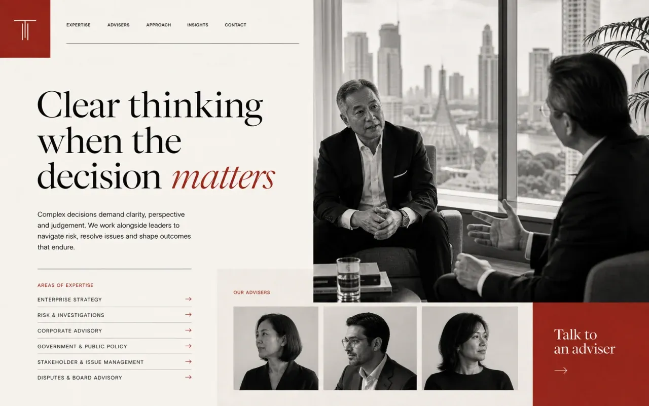 Fictional professional services homepage concept with advisers in conversation and clear expertise areas