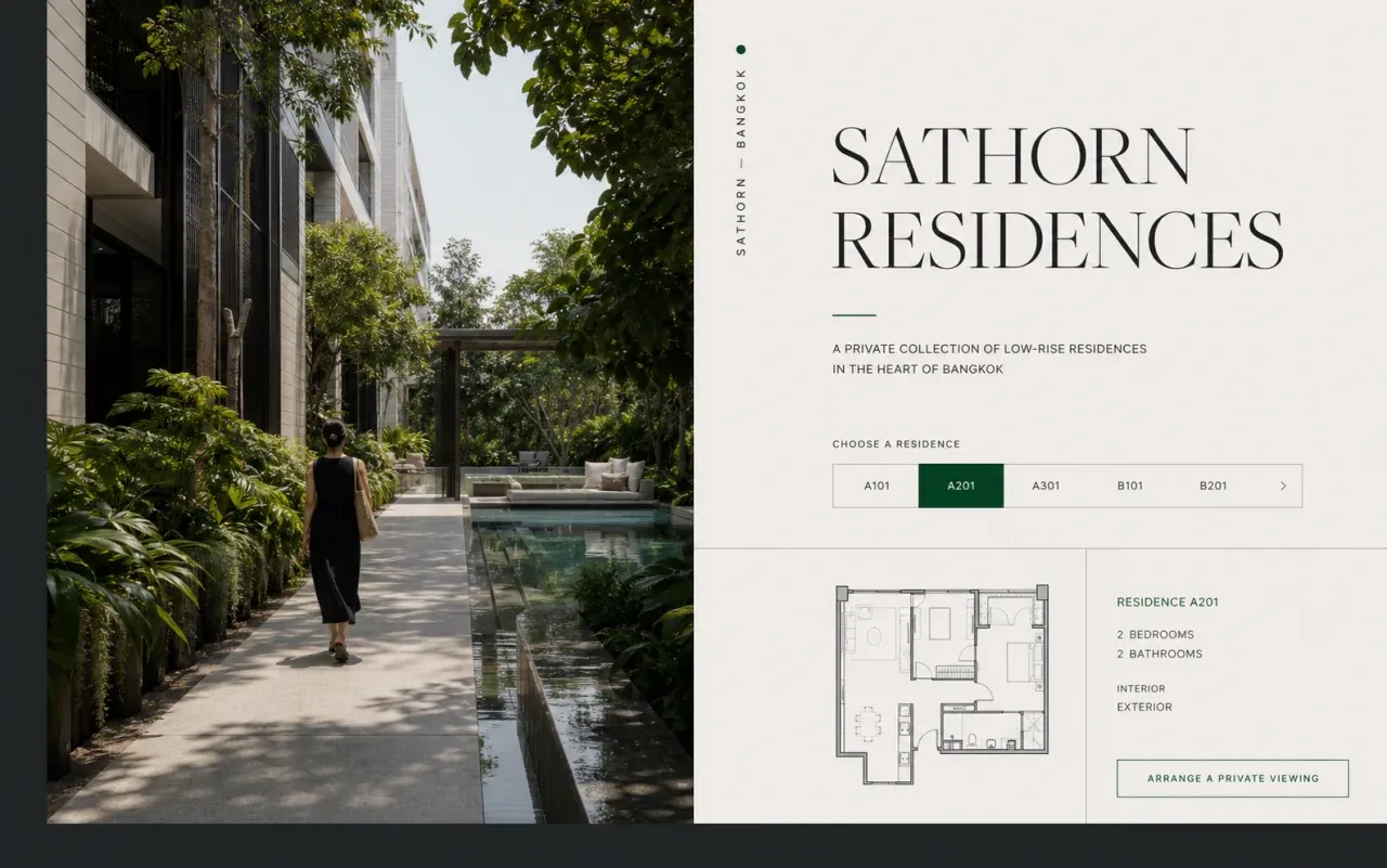 Fictional property development homepage concept with tropical architecture, residence choices and a floor plan