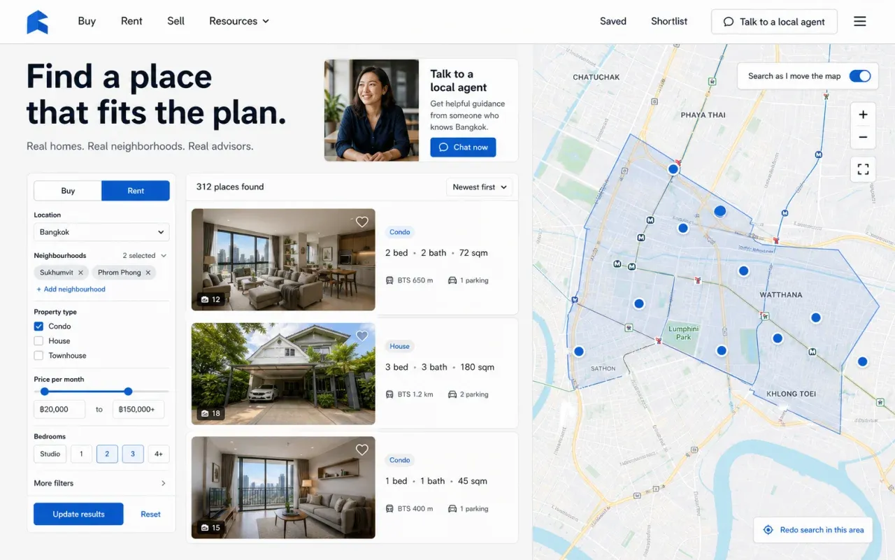 Fictional real estate agency homepage concept with Bangkok property results, filters and a large map