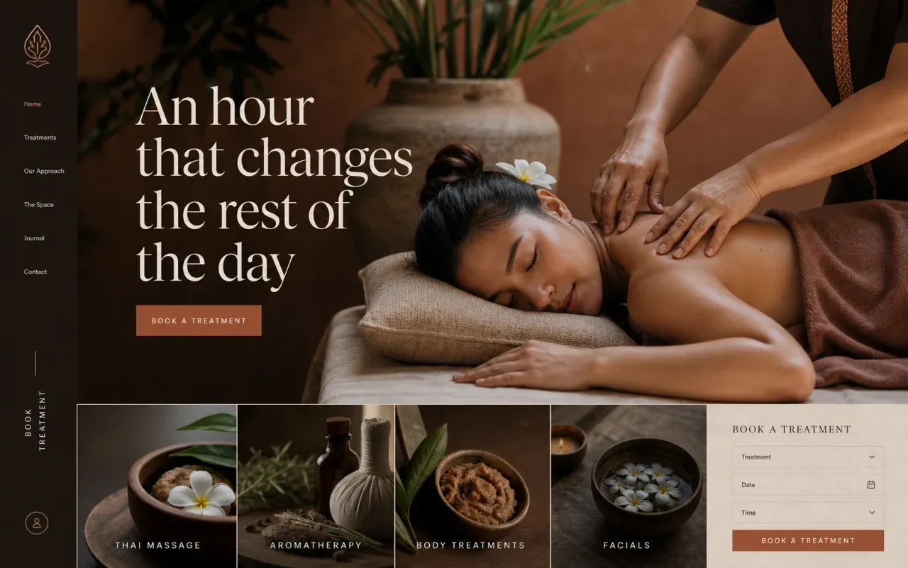 Fictional massage and spa homepage concept showing an authentic treatment and online booking controls