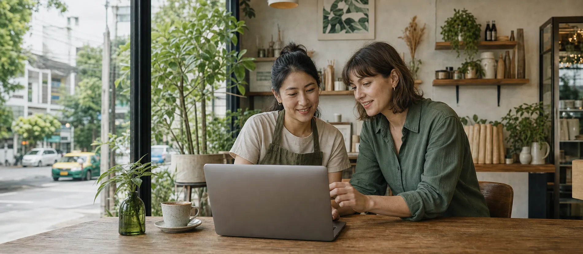 A Bangkok business owner and website specialist reviewing a website together