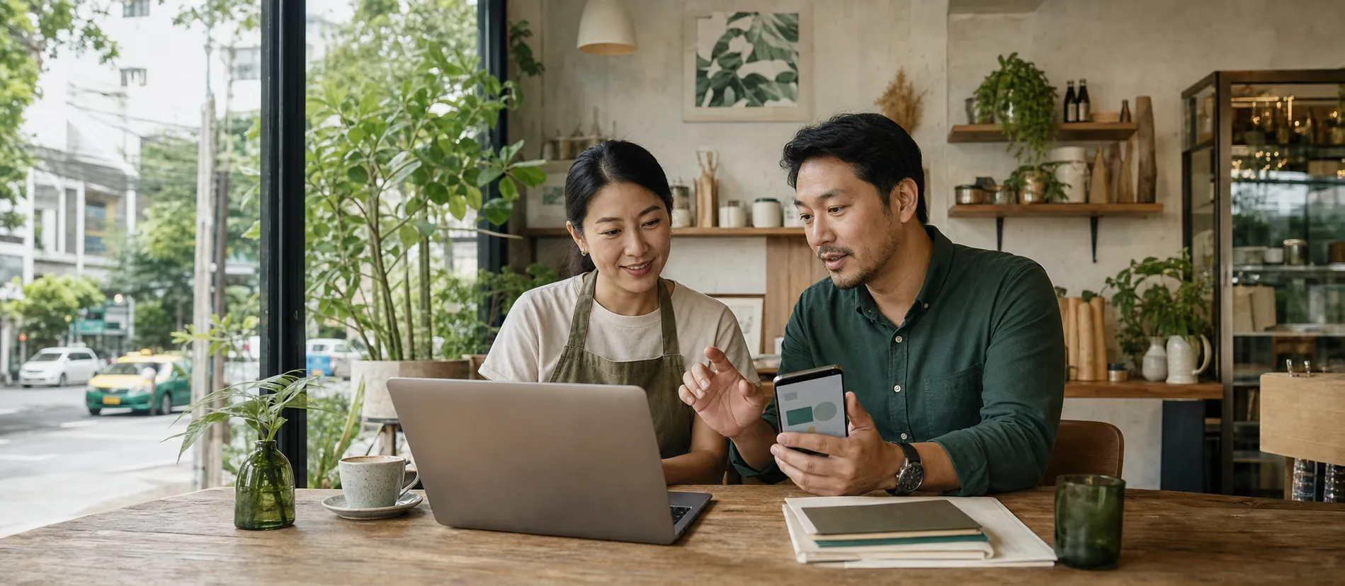A Bangkok shop owner and website specialist checking the business website together