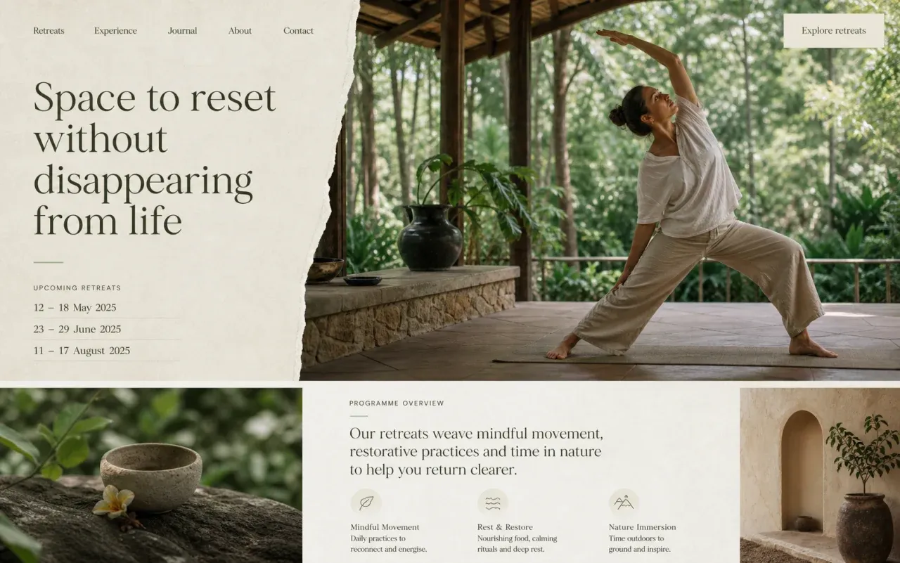 Fictional wellness retreat homepage concept showing a guest practising mindful movement in a tropical setting